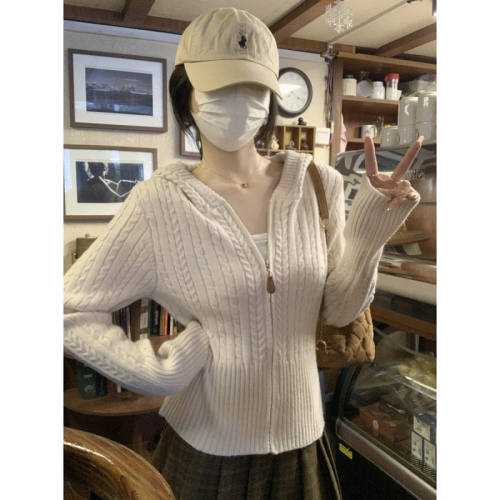 Photographed Korean-style cabled hooded thick knit cardigan outerwear long-sleeved top