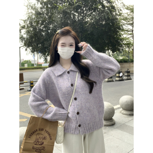 Photographed Korean-style leisurely loose polo neck soft and versatile thick knit sweater open jacket