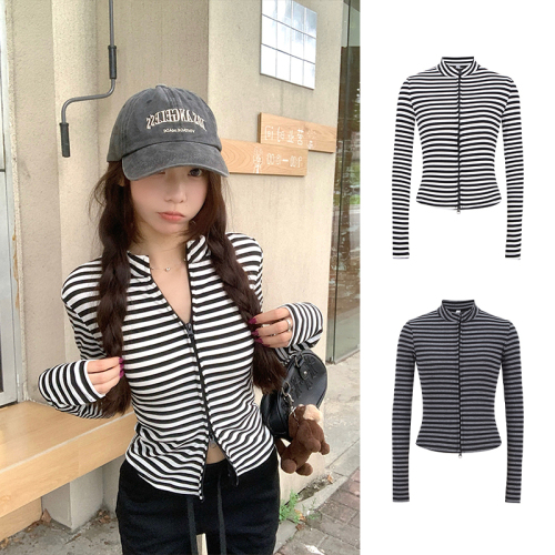 Photographed~ American-style striped slimming tailored shoulder coat with double zipper, unisex open sweater, versatile women's top