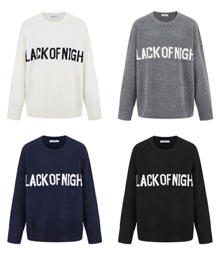 Actual shot. Gray letter women's sweater for autumn and winter, lazy and soft, loose round neck knit top