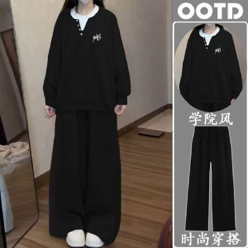 Autumn thin set stylish American-style faux two-piece hoodie college style + loose wide-leg pants fashion matching two-piece set