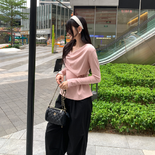 Early autumn design-inspired one-shoulder swing collar long-sleeved T-shirt with color waist tie for slimming, inner layer base shirt