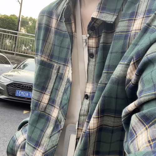 Original Version 50% Cotton 50% Polyester American Green Check Shirt Long Sleeve Autumn Lazy Style Blouse