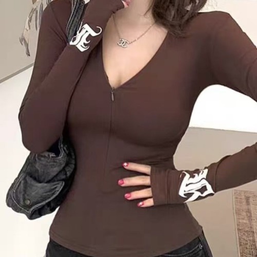 Cotton Blend American Print Zipper V-Neck T-Shirt for Women - Autumn Base Layer Top - Small Figure Black Long-Sleeve Top