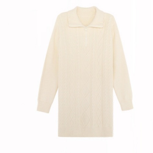 Women's Mid-Long Crochet Wool Dress for Autumn/Winter with Coat, Loose and Lazy Style, Thick Zipper Soft Knit Dress