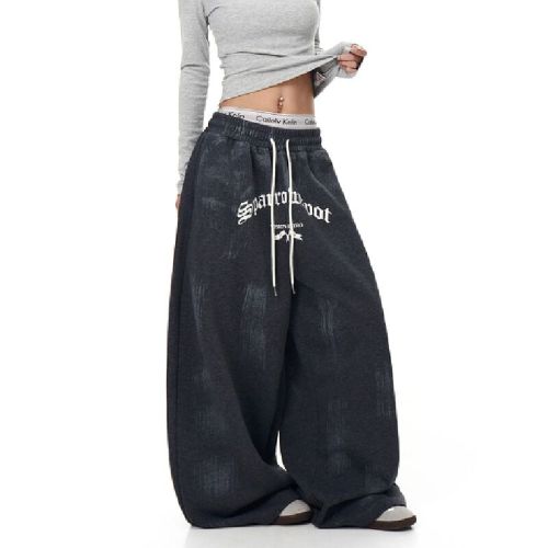 American street style distressed letter print men's and women's trendy straight-leg loose wide-leg pants
