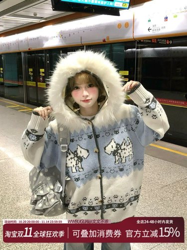 Vintage American faux fur-trimmed brocade hooded knit cardigan Fair Isle puppy sweater top for 2025 Fall/Winter new arrival