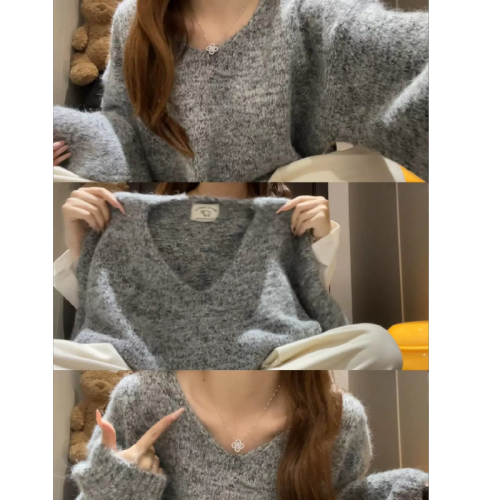 V-neck Korean-style soft and fluffy turtleneck sweater for women, loose and lazy style, temperament inner layer base shirt
