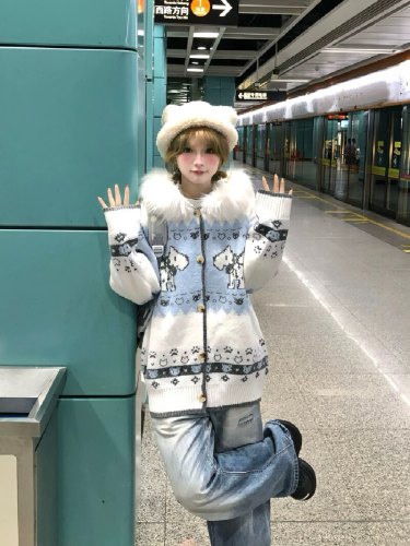 Vintage American faux fur-trimmed brocade hooded knit cardigan Fair Isle puppy sweater top for 2025 Fall/Winter new arrival