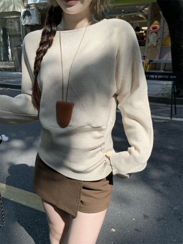 Photographed True Slope-Neck Design Shoulder-Strap Long-Sleeve Women's Autumn New Pleated Waist-Cinch Knit Top