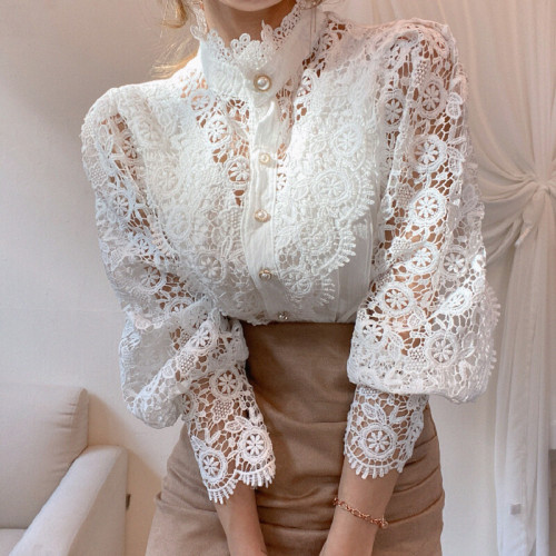 2025 Spring and Autumn New Korean Chic Style Versatile Lace Openwork Floral Women's Top