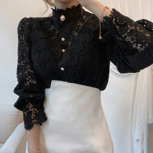 2025 Spring and Autumn New Korean Chic Style Versatile Lace Openwork Floral Women's Top
