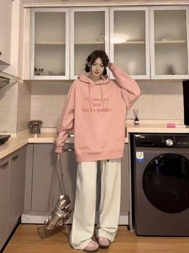 High-quality cotton composite CVC ribbed women's hooded printed sweatshirt with regular extra warmth