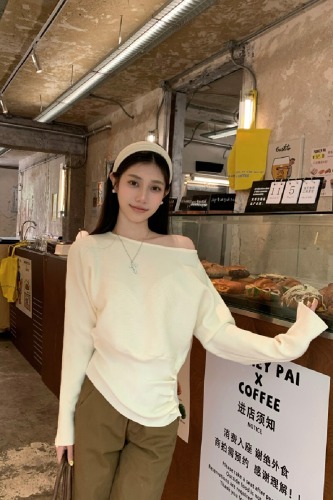Photographed True Slope-Neck Design Shoulder-Strap Long-Sleeve Women's Autumn New Pleated Waist-Cinch Knit Top