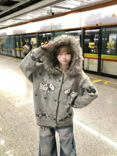 Vintage American faux fur-trimmed brocade hooded knit cardigan Fair Isle puppy sweater top for 2025 Fall/Winter new arrival