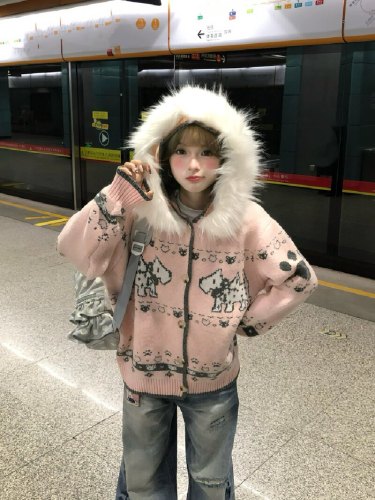 Vintage American faux fur-trimmed brocade hooded knit cardigan Fair Isle puppy sweater top for 2025 Fall/Winter new arrival