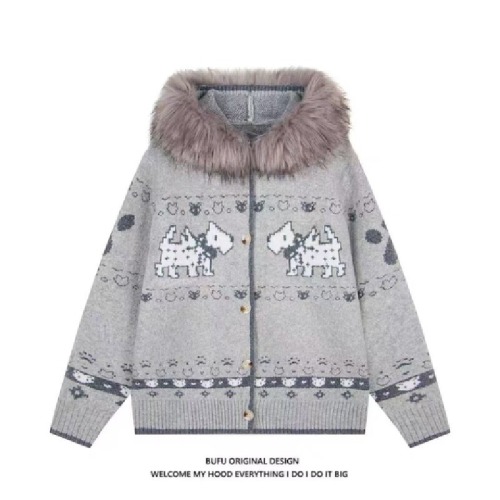 Vintage American faux fur-trimmed brocade hooded knit cardigan Fair Isle puppy sweater top for 2025 Fall/Winter new arrival