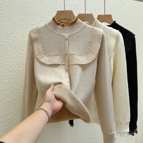 Women's seamless crew neck sweater with plush lining, autumn and winter new lace knit top, thickening upper garment, trendy