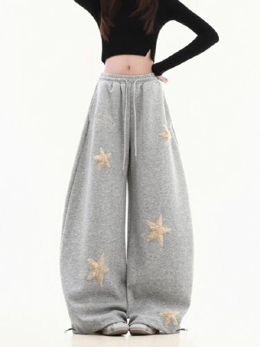 3D-waist pure cotton fabric composite star embroidery loose lazy style slimming wide-leg saber casual pants