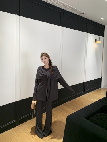 Live Shot! Cardigan False Two-Piece Casual T-Shirt Women Loose Sensation Relaxed Casual Pants Knit Set Two-Piece