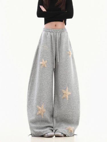 3D-waist pure cotton fabric composite star embroidery loose lazy style slimming wide-leg saber casual pants