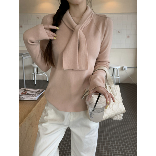 Photographed in real winter elegant ribbon design women's scarf collar solid color knit top gentle base shirt