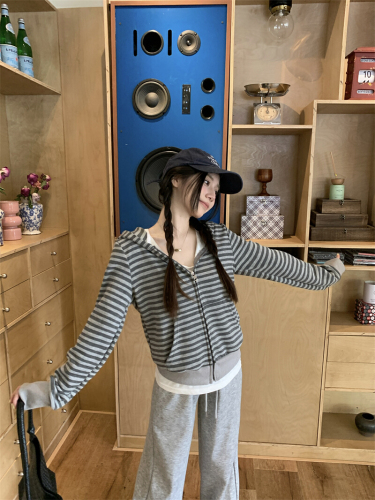 Real Shot True Striped Long Sleeve Hooded Sweatshirt Outerwear for Women Short Sleeve Ladies Top