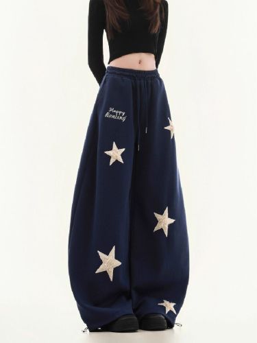 3D-waist pure cotton fabric composite star embroidery loose lazy style slimming wide-leg saber casual pants