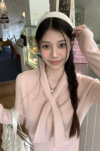Photographed in real winter elegant ribbon design women's scarf collar solid color knit top gentle base shirt