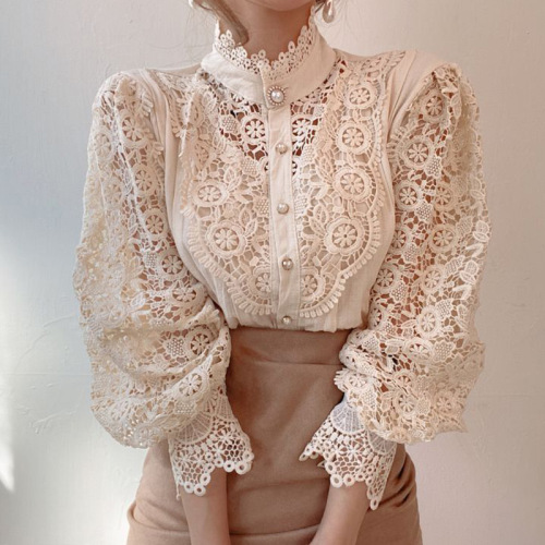 Korean Chic Autumn French-Style Loose, Elegant Long-Sleeve Stand Collar Top with Intricate Buttons, Heavy Embellishments, and Delicate Lace Cutouts Featuring Floral Accents