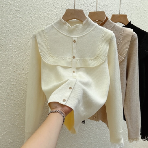 Women's seamless crew neck sweater with plush lining, autumn and winter new lace knit top, thickening upper garment, trendy