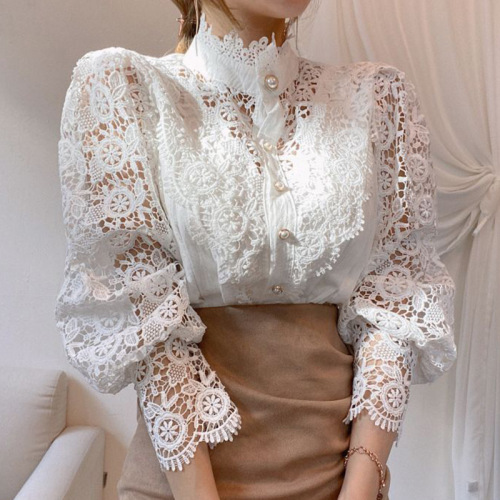Korean Chic Autumn French-Style Loose, Elegant Long-Sleeve Stand Collar Top with Intricate Buttons, Heavy Embellishments, and Delicate Lace Cutouts Featuring Floral Accents