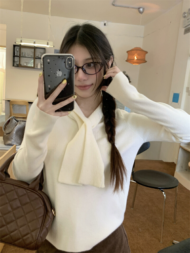 Photographed in real winter elegant ribbon design women's scarf collar solid color knit top gentle base shirt