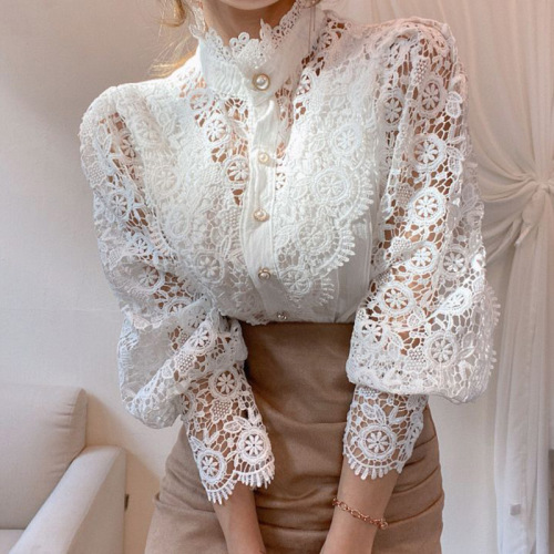 Korean Chic Autumn French-Style Loose, Elegant Long-Sleeve Stand Collar Top with Intricate Buttons, Heavy Embellishments, and Delicate Lace Cutouts Featuring Floral Accents