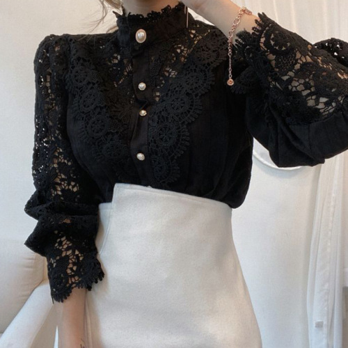 Korean Chic Autumn French-Style Loose, Elegant Long-Sleeve Stand Collar Top with Intricate Buttons, Heavy Embellishments, and Delicate Lace Cutouts Featuring Floral Accents