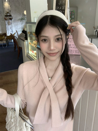 Photographed in real winter elegant ribbon design women's scarf collar solid color knit top gentle base shirt