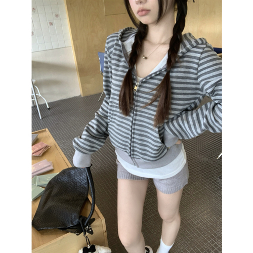Real Shot True Striped Long Sleeve Hooded Sweatshirt Outerwear for Women Short Sleeve Ladies Top