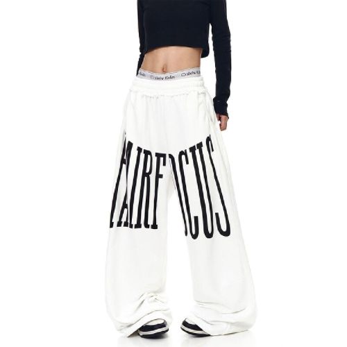 Original quality letter print drawstring straight-leg pants for men and women, trendy brand loose casual wide-leg pants