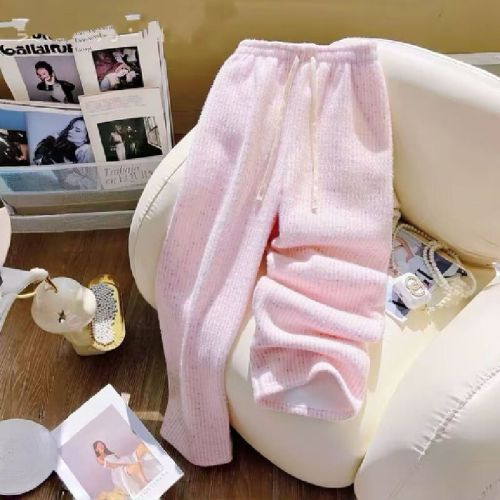 Women's Kids Mink Casual Glutinous Rice Pants 2025 Spring and Autumn New Style Outfit High-elasticity Waist Short Figure Loose Straight Leg Pants