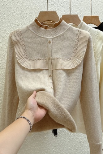 Women's seamless crew neck sweater with plush lining, autumn and winter new lace knit top, thickening upper garment, trendy