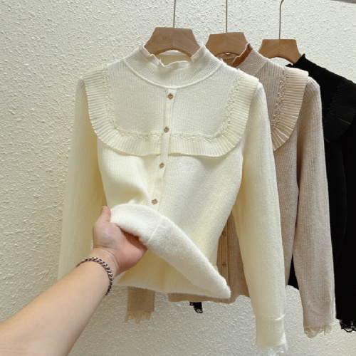 Women's seamless crew neck sweater with plush lining, autumn and winter new lace knit top, thickening upper garment, trendy