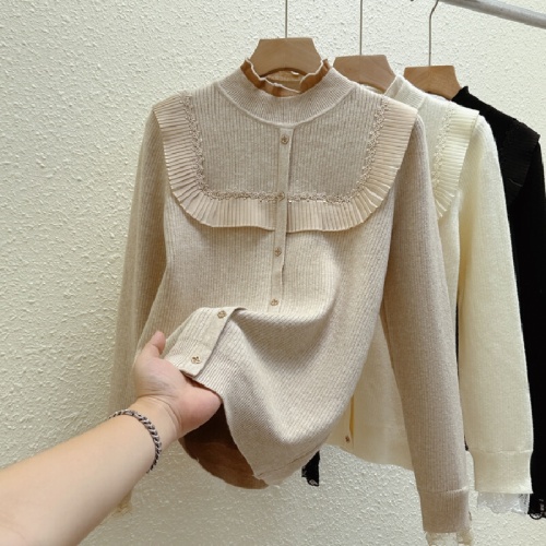 Women's seamless crew neck sweater with plush lining, autumn and winter new lace knit top, thickening upper garment, trendy