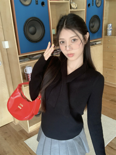 Photographed in real winter elegant ribbon design women's scarf collar solid color knit top gentle base shirt