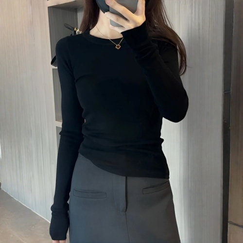 Women's V-Neck Knit Long Sleeve T-Shirt - 2025 Autumn/Winter New Arrival High-End Fitted Slimming Top for Layering and Underwear