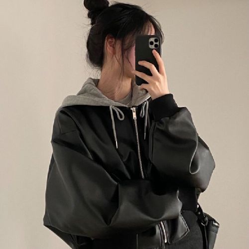Korean chic autumn/winter niche retro zipper double pocket casual loose matchy-matchy faux two-piece hooded leather jacket coat