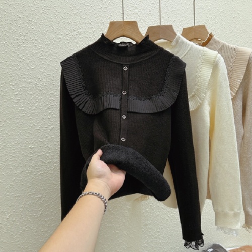 Women's seamless crew neck sweater with plush lining, autumn and winter new lace knit top, thickening upper garment, trendy