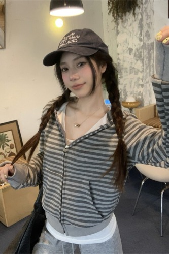 Real Shot True Striped Long Sleeve Hooded Sweatshirt Outerwear for Women Short Sleeve Ladies Top