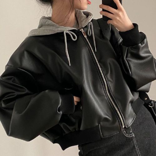 Korean chic autumn/winter niche retro zipper double pocket casual loose matchy-matchy faux two-piece hooded leather jacket coat