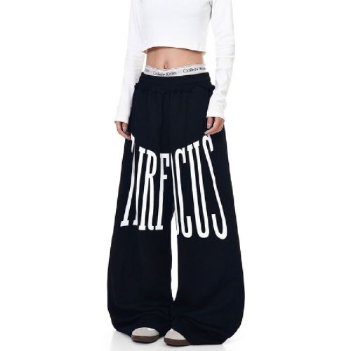 Original quality letter print drawstring straight-leg pants for men and women, trendy brand loose casual wide-leg pants