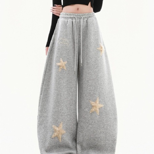 3D-waist pure cotton fabric composite star embroidery loose lazy style slimming wide-leg saber casual pants